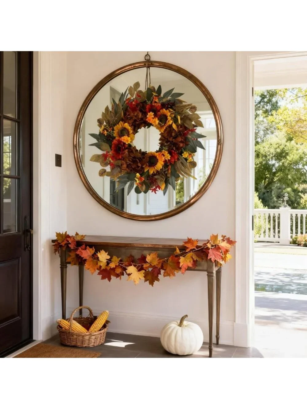 24-Inch Fall Sunflower & Hydrangea Wreath for Autumn Front Door Decor